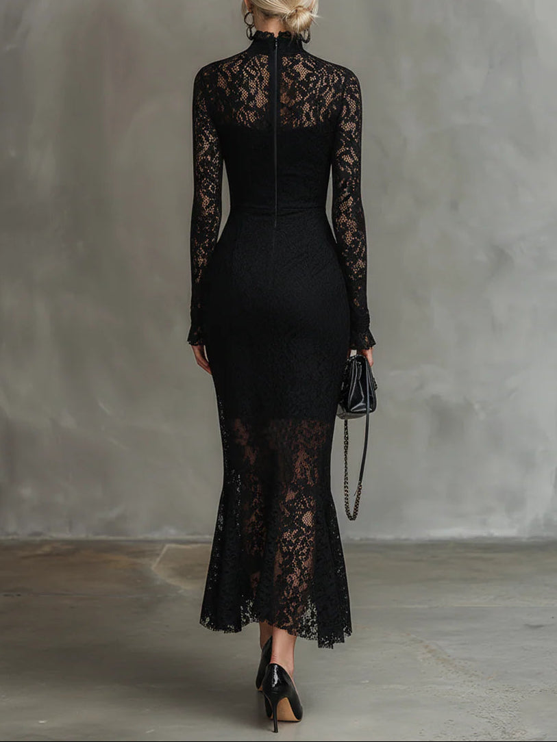 Elwira - Elegancka czarna sukienka maxi z koronką