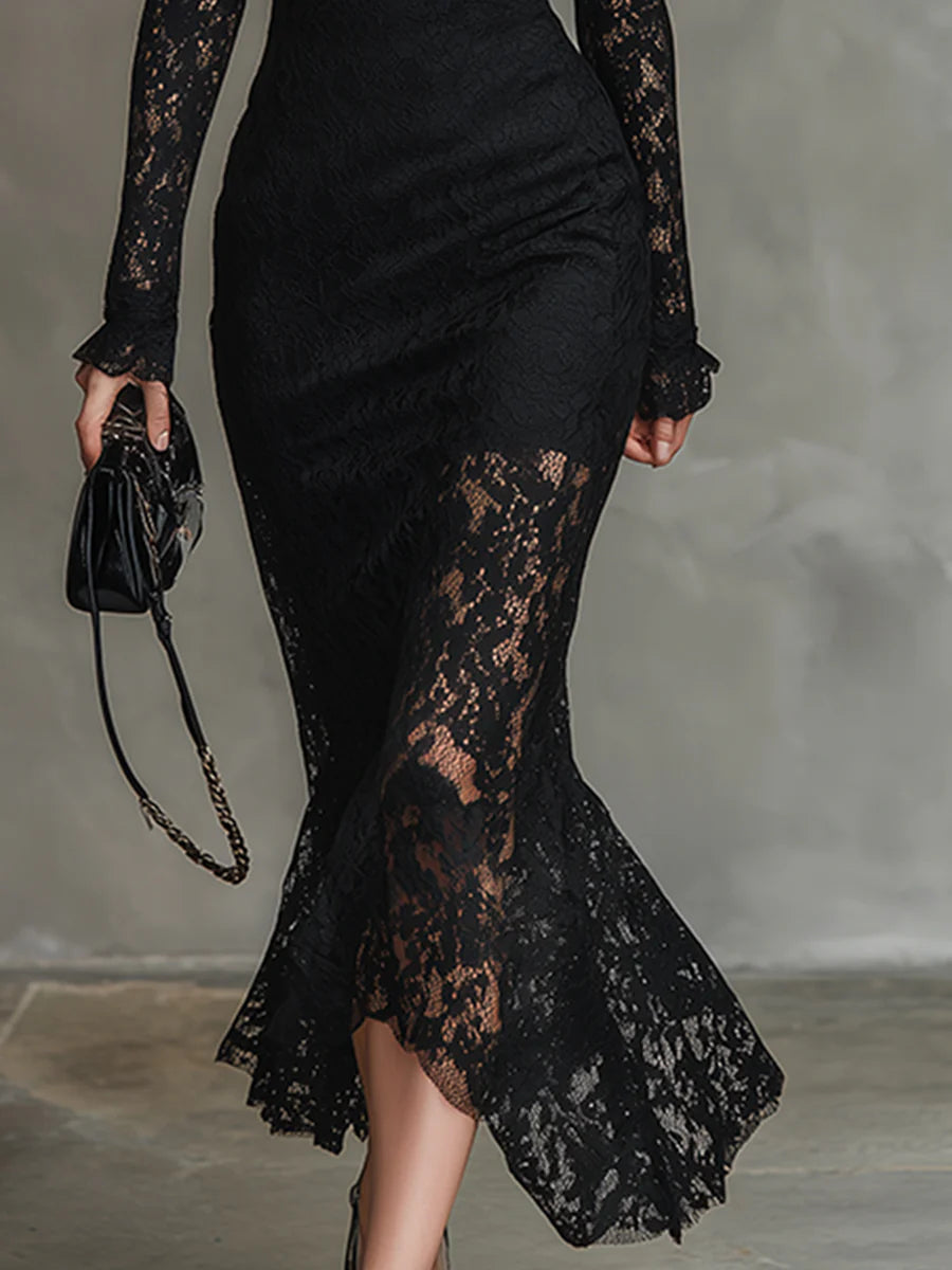 Elwira - Elegancka czarna sukienka maxi z koronką